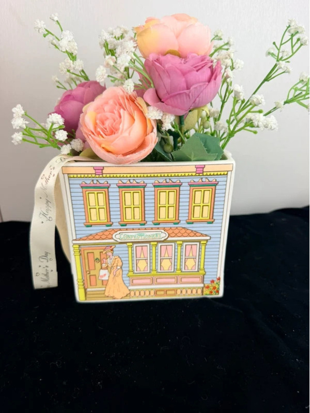 Vintage Style Ceramic Confectionery Shop Building Planter Vase Cottage Decor